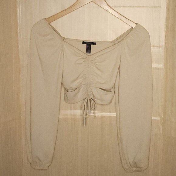 Forever 21 Tan Cropped Long Sleeve Ribbed Cutout Crop Top Medium - Picture 1 of 5
